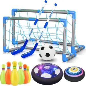 3-in-1 Hover Soccer Ball with Hockey & Bowling Set, Indoor and Outdoor Playing, Rechargable LED Glowing Lights, Christmas and Birthday Gifts for Boys & Girls. Great for Recreation., Medium