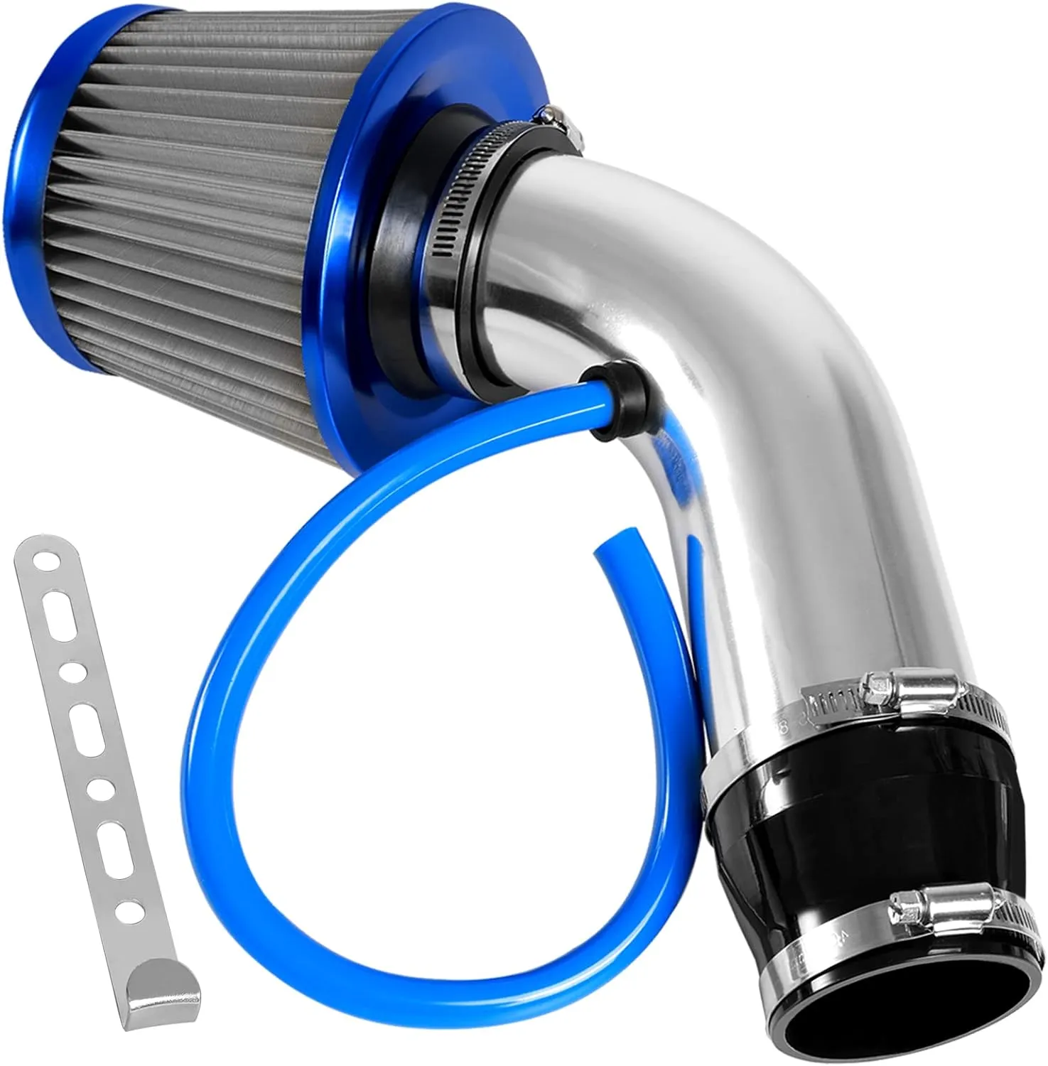 3 Inch Universal Cold Air Intake Filter Kit with Stainless Steel Filter and Aluminum Alloy Pipe, Automotive Air Filter High Induction Flow (Blue & Silver)
