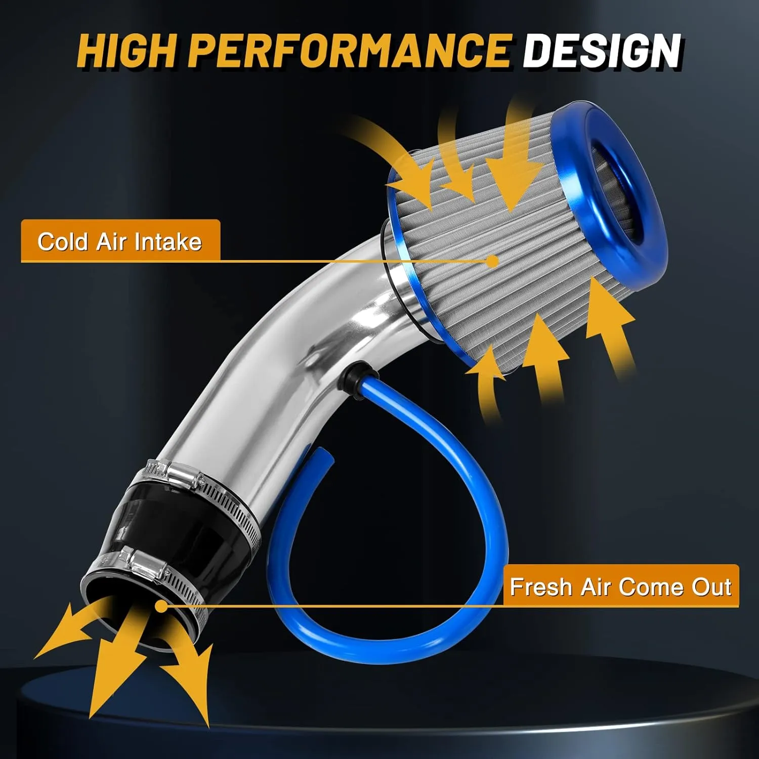 3 Inch Universal Cold Air Intake Filter Kit with Stainless Steel Filter and Aluminum Alloy Pipe, Automotive Air Filter High Induction Flow (Blue & Silver)