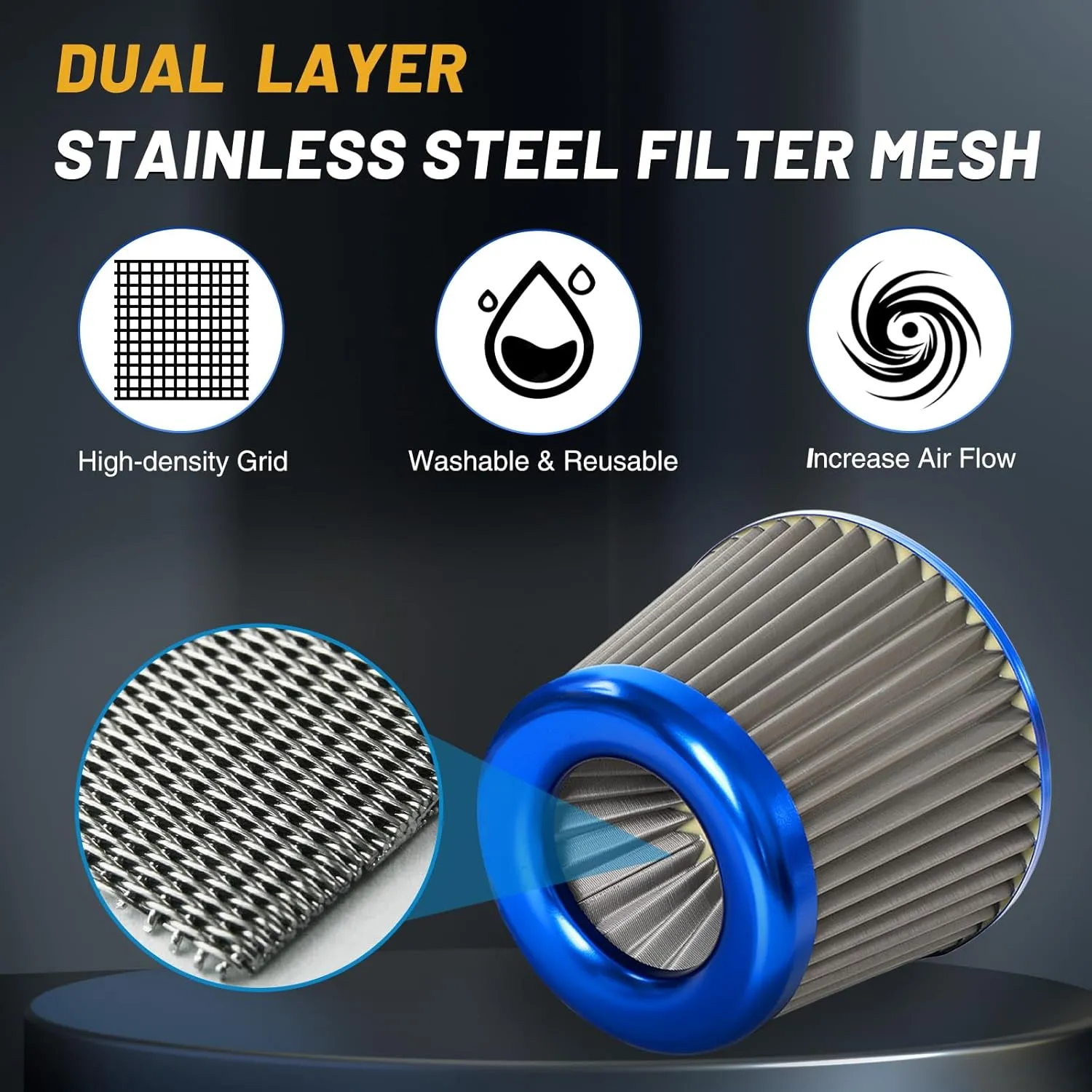 3 Inch Universal Cold Air Intake Filter Kit with Stainless Steel Filter and Aluminum Alloy Pipe, Automotive Air Filter High Induction Flow (Blue & Silver)