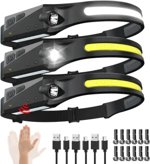 3-Pack Rechargeable Headlamp - 230° Wide Beam LED Head Lamp with Motion Sensor, 5 Modes, Bright Headlamps for Adults, Forehead Head Lights, Hard Hat Compatible, Essential Camping Gear