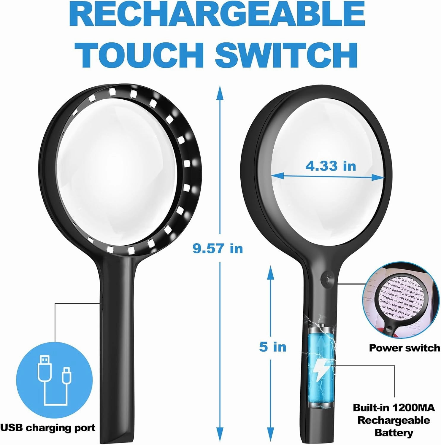 30X Charge Magnifier with Light, NUEYiO 4.33Inch Large Handheld Magnifying Glass with Light, 20 Daylight LEDs & Third Gear Dimming Lighted Magnifying Glass for Seniors Reading Inspection Coin Jewelry