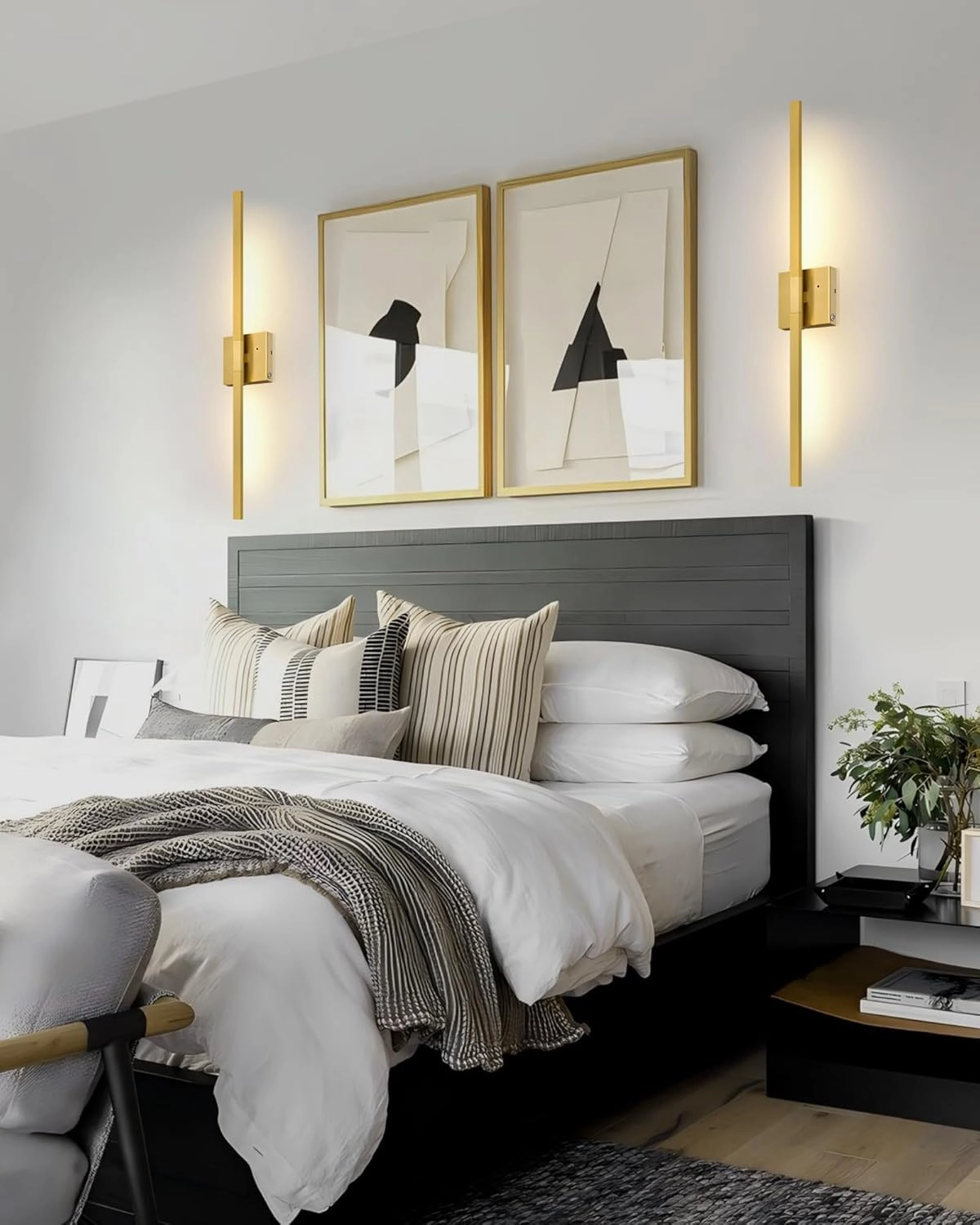 32 Inch Brushed Gold Rechargeable Battery Operated Wall Sconce Set of 2, Dimmable Wireless Wall Sconces with Remote Control, 3000K/4500K/6000K Modern LED Wall Sconce for Living Room, Bedroom 2 Pack