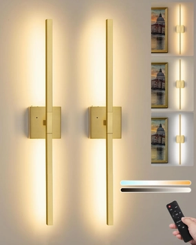 32 Inch Brushed Gold Rechargeable Battery Operated Wall Sconce Set of 2, Dimmable Wireless Wall Sconces with Remote Control, 3000K/4500K/6000K Modern LED Wall Sconce for Living Room, Bedroom 2 Pack
