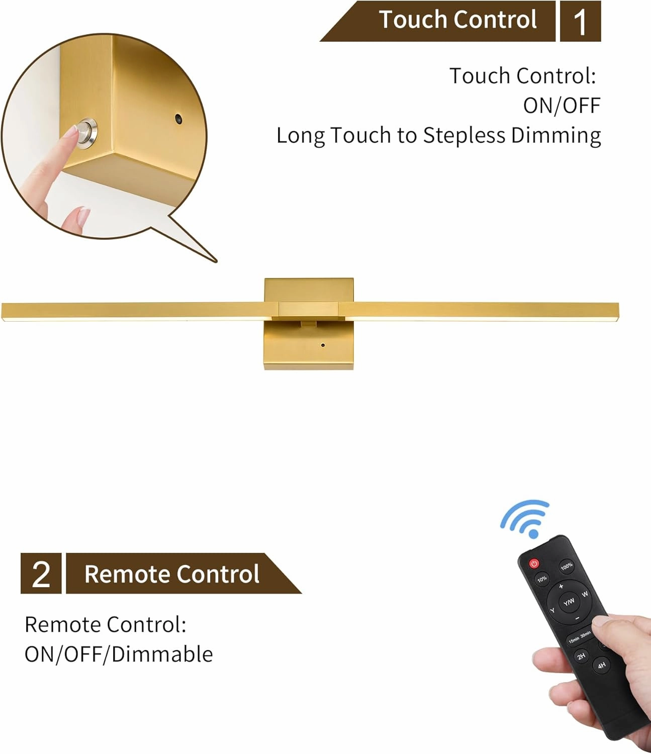 32 Inch Brushed Gold Rechargeable Battery Operated Wall Sconce Set of 2, Dimmable Wireless Wall Sconces with Remote Control, 3000K/4500K/6000K Modern LED Wall Sconce for Living Room, Bedroom 2 Pack
