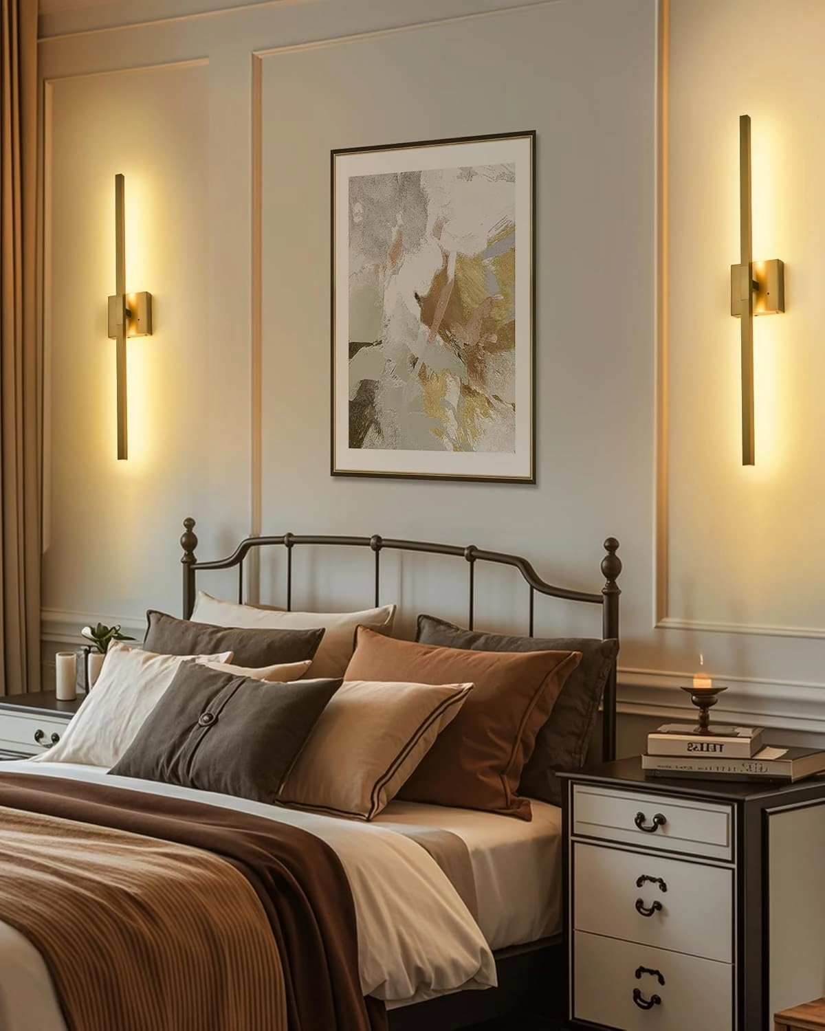 32 Inch Brushed Gold Rechargeable Battery Operated Wall Sconce Set of 2, Dimmable Wireless Wall Sconces with Remote Control, 3000K/4500K/6000K Modern LED Wall Sconce for Living Room, Bedroom 2 Pack