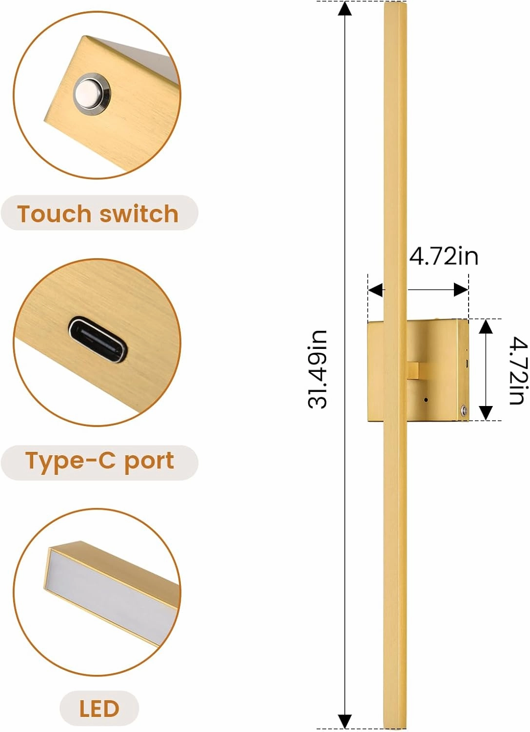 32 Inch Brushed Gold Rechargeable Battery Operated Wall Sconce Set of 2, Dimmable Wireless Wall Sconces with Remote Control, 3000K/4500K/6000K Modern LED Wall Sconce for Living Room, Bedroom 2 Pack
