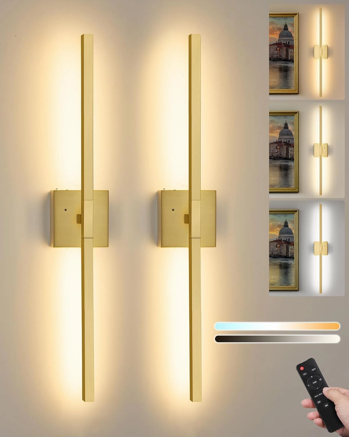 32 Inch Brushed Gold Rechargeable Battery Operated Wall Sconce Set of 2, Dimmable Wireless Wall Sconces with Remote Control, 3000K/4500K/6000K Modern LED Wall Sconce for Living Room, Bedroom 2 Pack