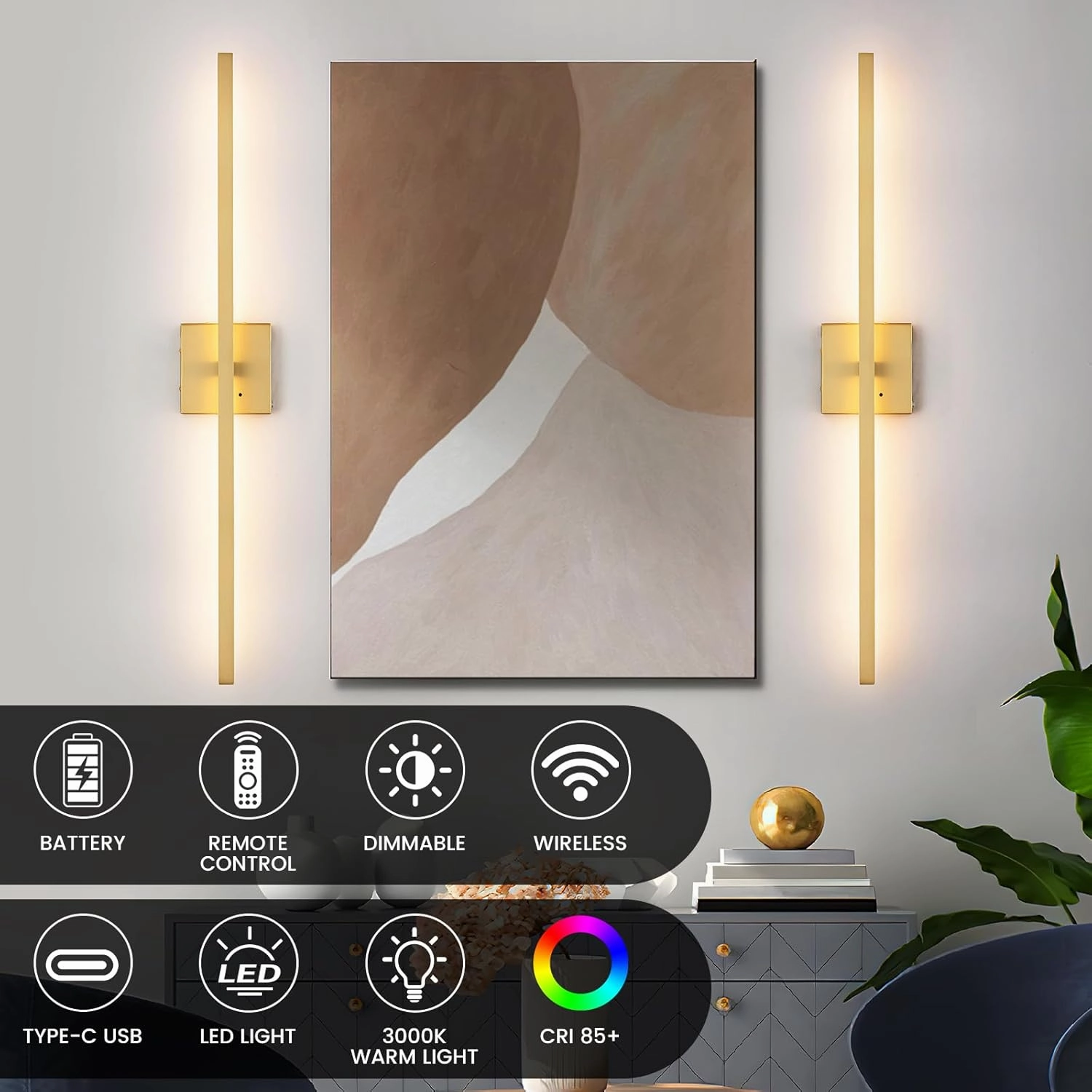 32 Inch Brushed Gold Rechargeable Battery Operated Wall Sconce Set of 2, Dimmable Wireless Wall Sconces with Remote Control, 3000K/4500K/6000K Modern LED Wall Sconce for Living Room, Bedroom 2 Pack