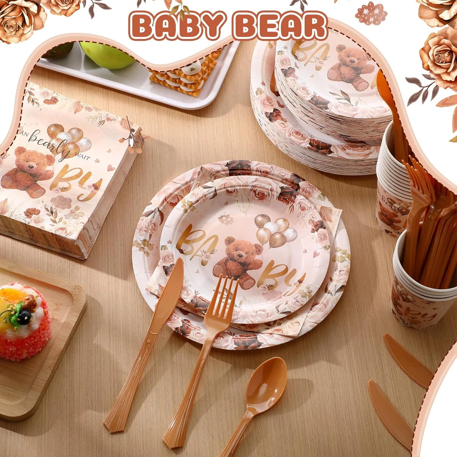 350 Pcs Brown Bear Baby Shower Paper Plates Napkins Cups Knives Forks Spoons for 50 Guests Disposable Bear Party Tableware for Birthday Baby Shower