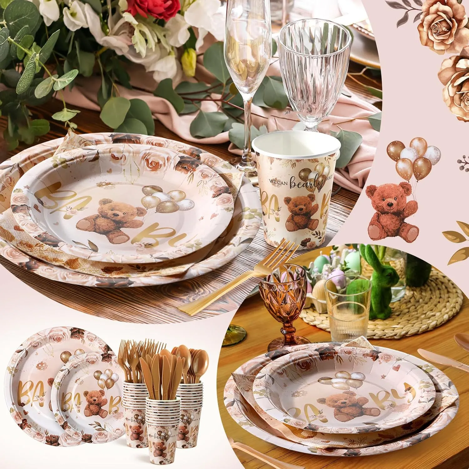 350 Pcs Brown Bear Baby Shower Paper Plates Napkins Cups Knives Forks Spoons for 50 Guests Disposable Bear Party Tableware for Birthday Baby Shower
