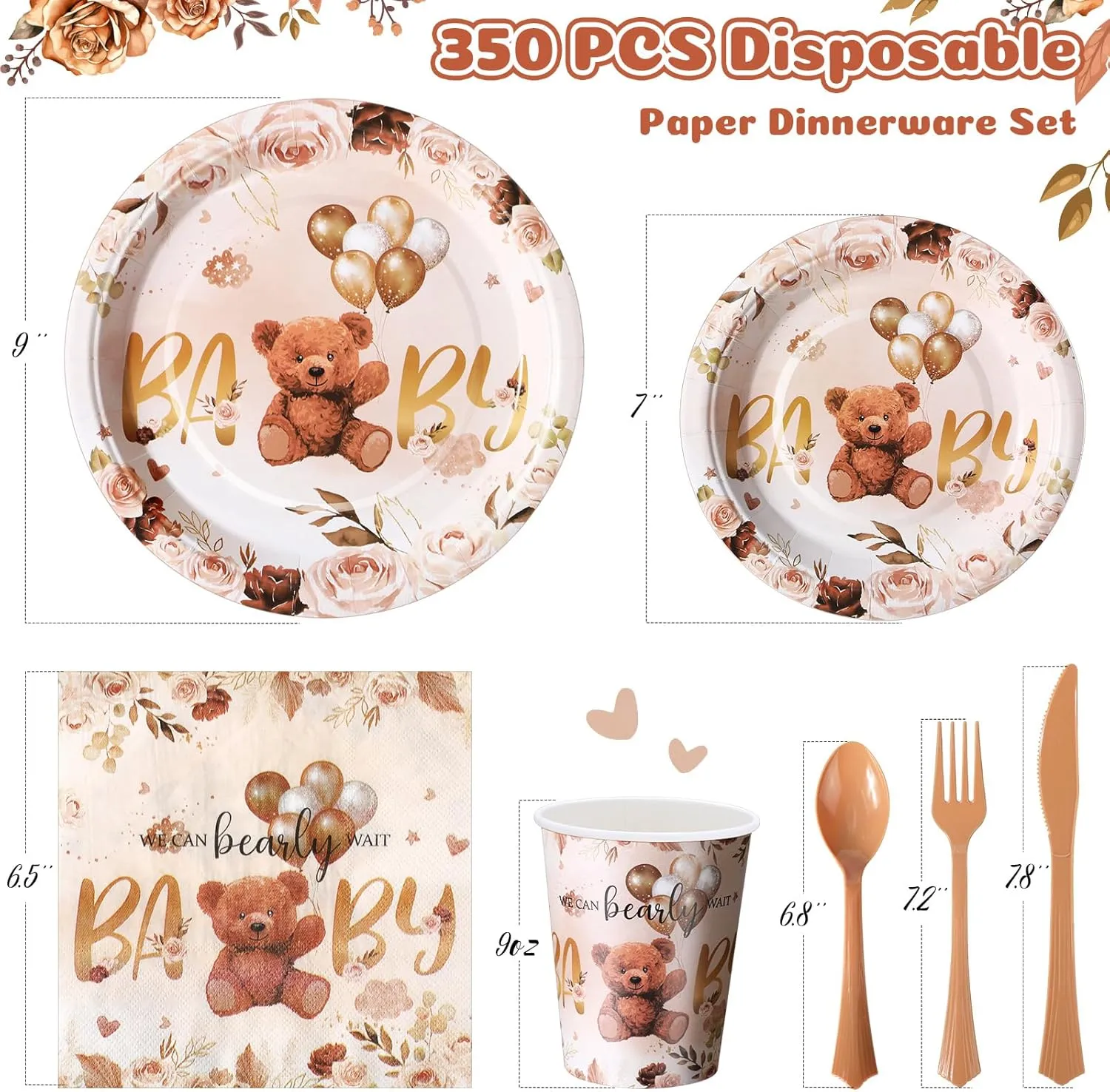 350 Pcs Brown Bear Baby Shower Paper Plates Napkins Cups Knives Forks Spoons for 50 Guests Disposable Bear Party Tableware for Birthday Baby Shower