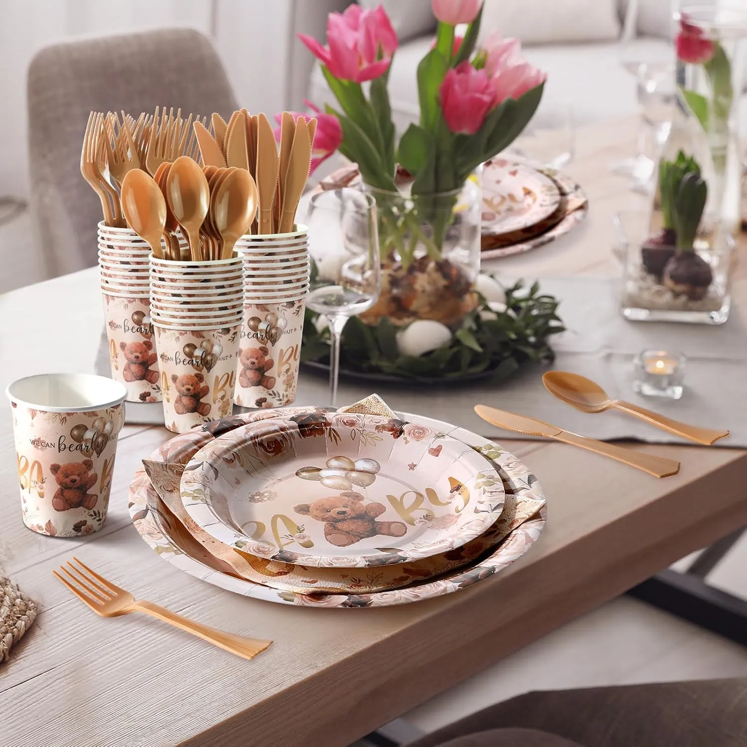 350 Pcs Brown Bear Baby Shower Paper Plates Napkins Cups Knives Forks Spoons for 50 Guests Disposable Bear Party Tableware for Birthday Baby Shower