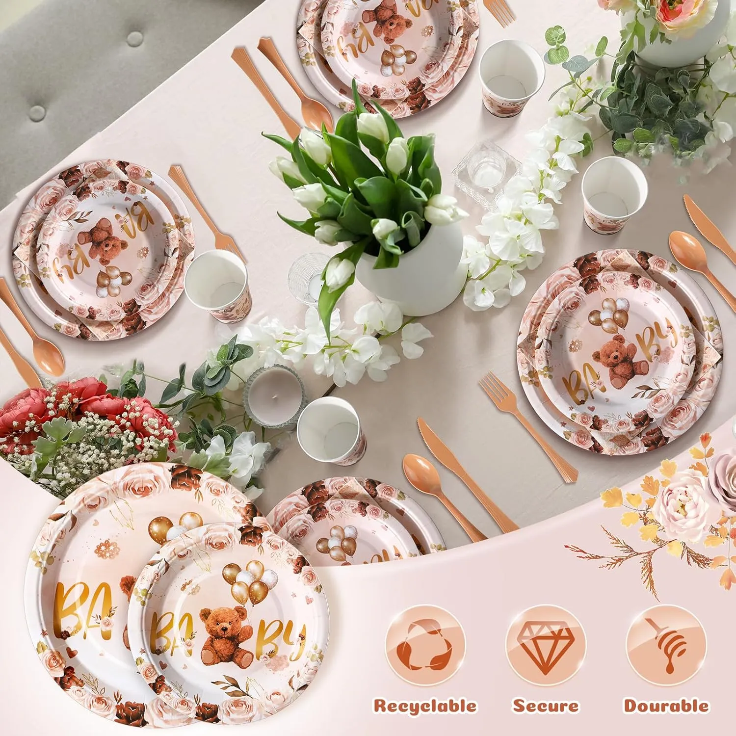 350 Pcs Brown Bear Baby Shower Paper Plates Napkins Cups Knives Forks Spoons for 50 Guests Disposable Bear Party Tableware for Birthday Baby Shower