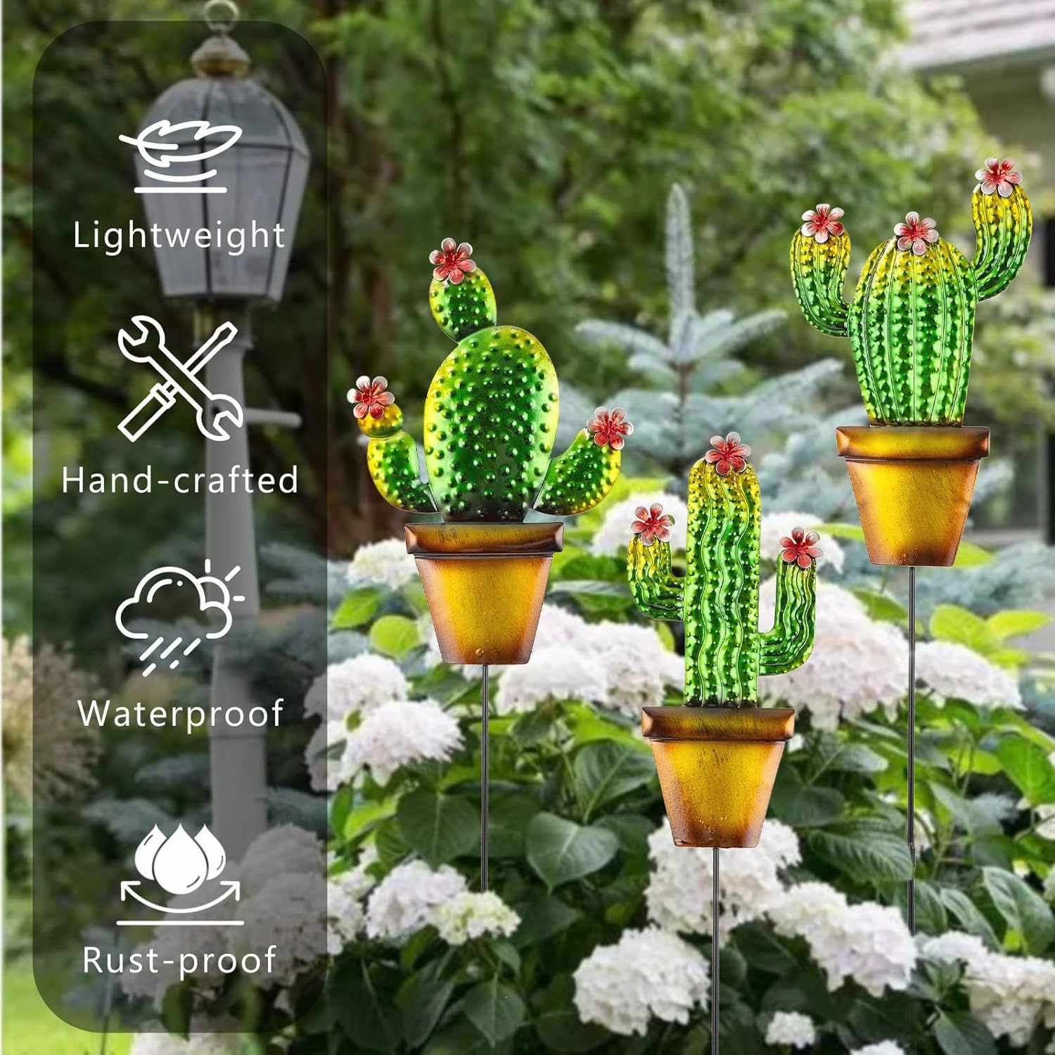 3 Pack Metal Garden Stakes, 24" H Cactus Garden Stakes for Spring Decor, Metal Yard Art for Outdoor & Outside Lawn Patio Pathway Decoration