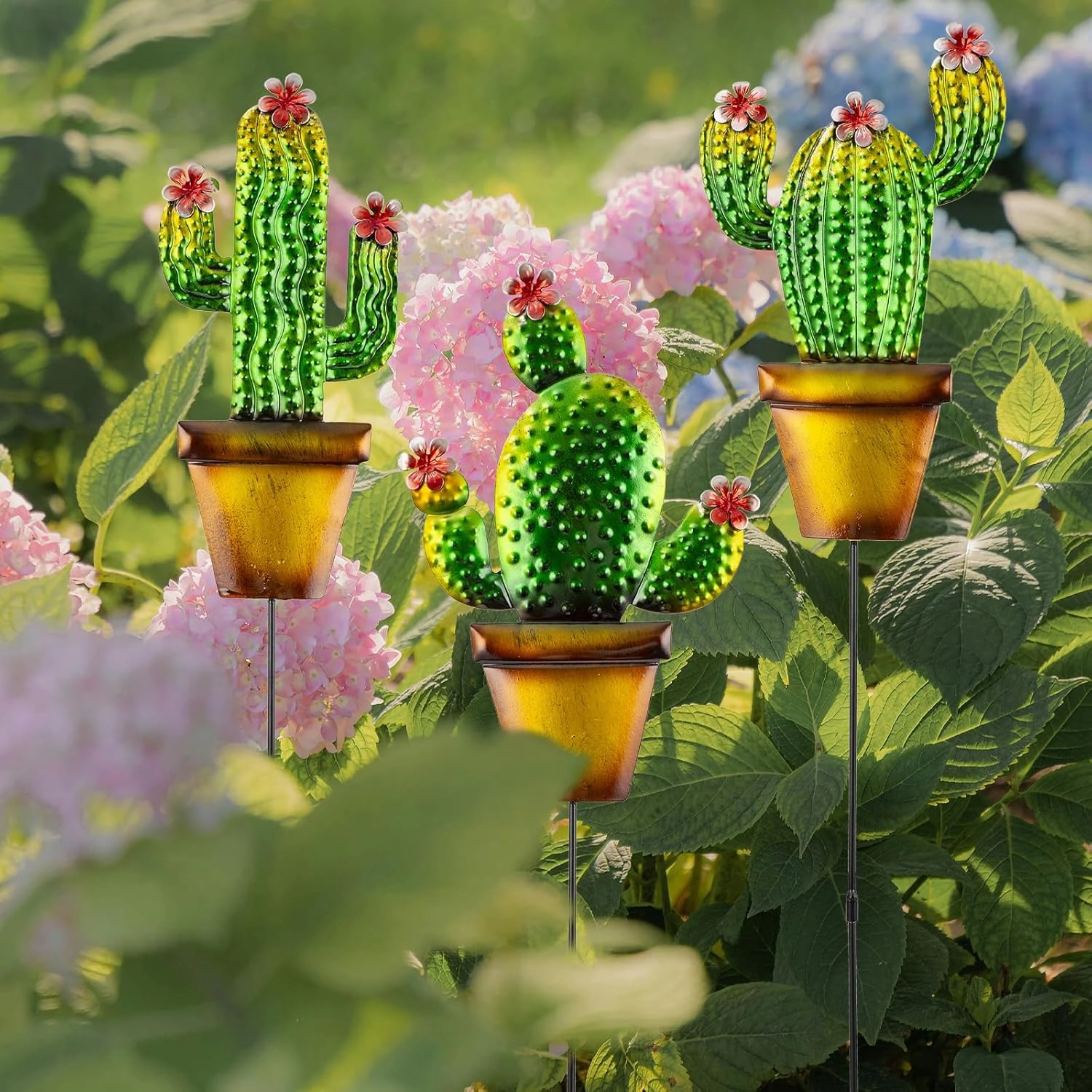 3 Pack Metal Garden Stakes, 24" H Cactus Garden Stakes for Spring Decor, Metal Yard Art for Outdoor & Outside Lawn Patio Pathway Decoration