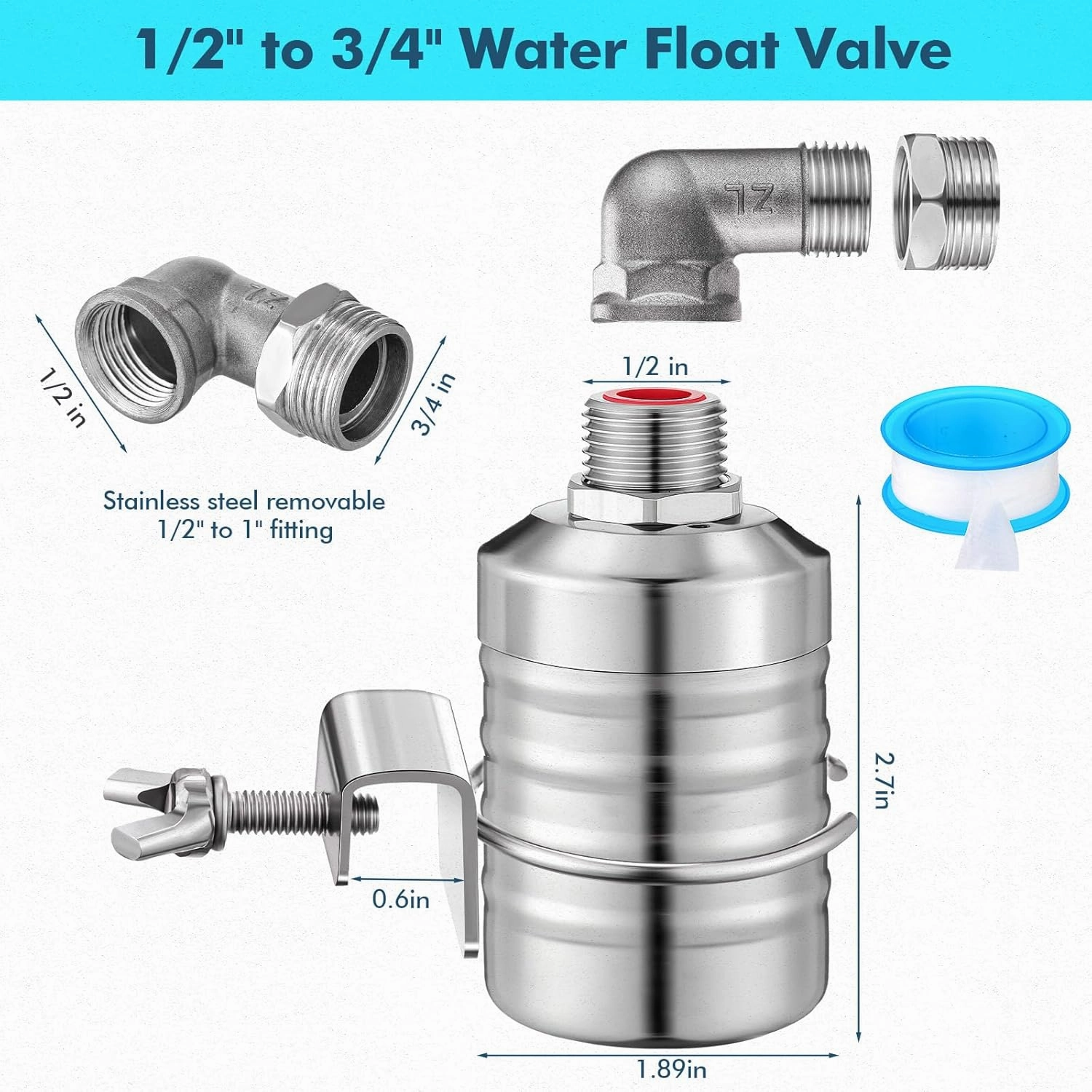 3 Pack Water Float Valve 1/2" to 3/4'' Auto Shut off Water Tank Float Valve 304 Stainless Steel Fully Automatic Level Control for Pool, Livestock Troughs