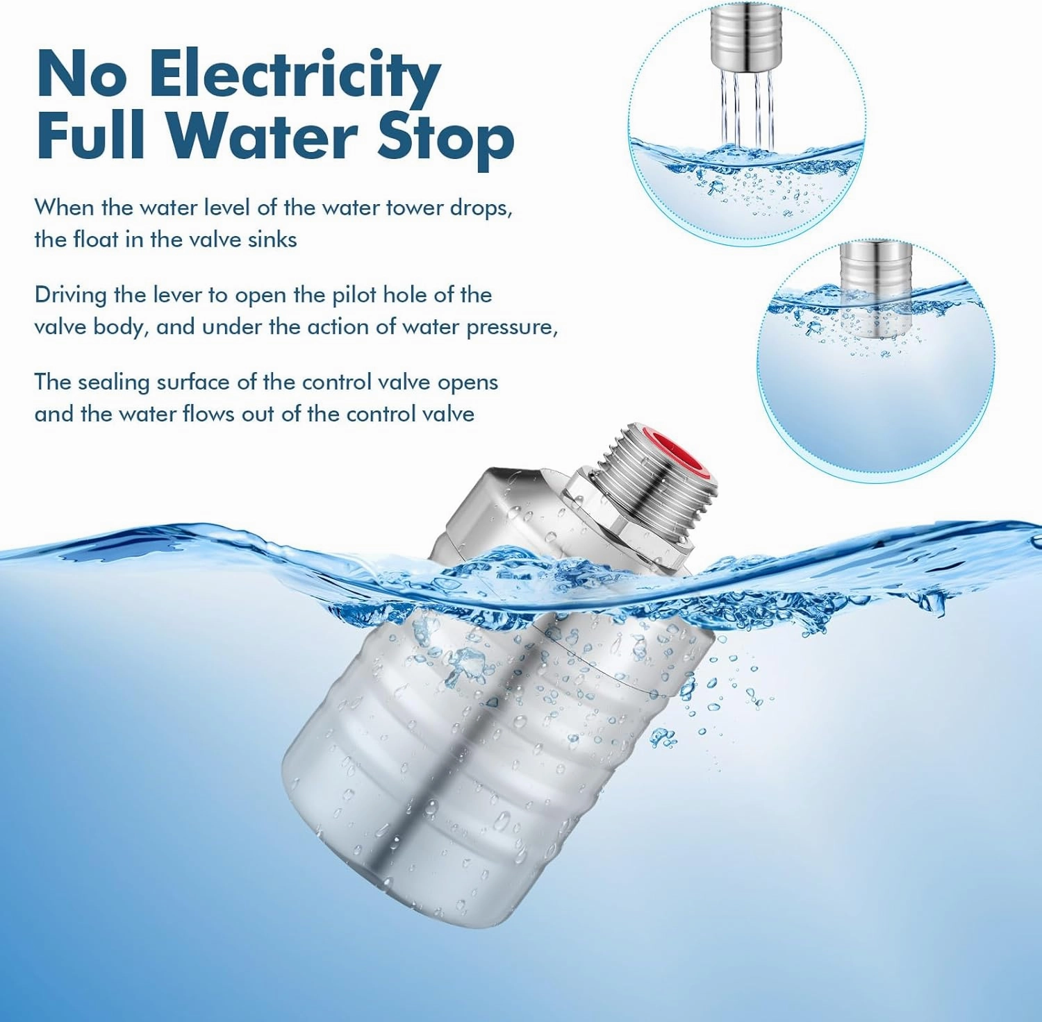 3 Pack Water Float Valve 1/2" to 3/4'' Auto Shut off Water Tank Float Valve 304 Stainless Steel Fully Automatic Level Control for Pool, Livestock Troughs