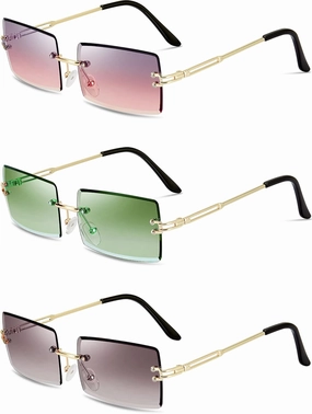 3 Pairs Rimless Rectangle Sunglasses Tinted Frameless Eyewear Vintage Transparent Rectangle Y2K Glasses for Women Men