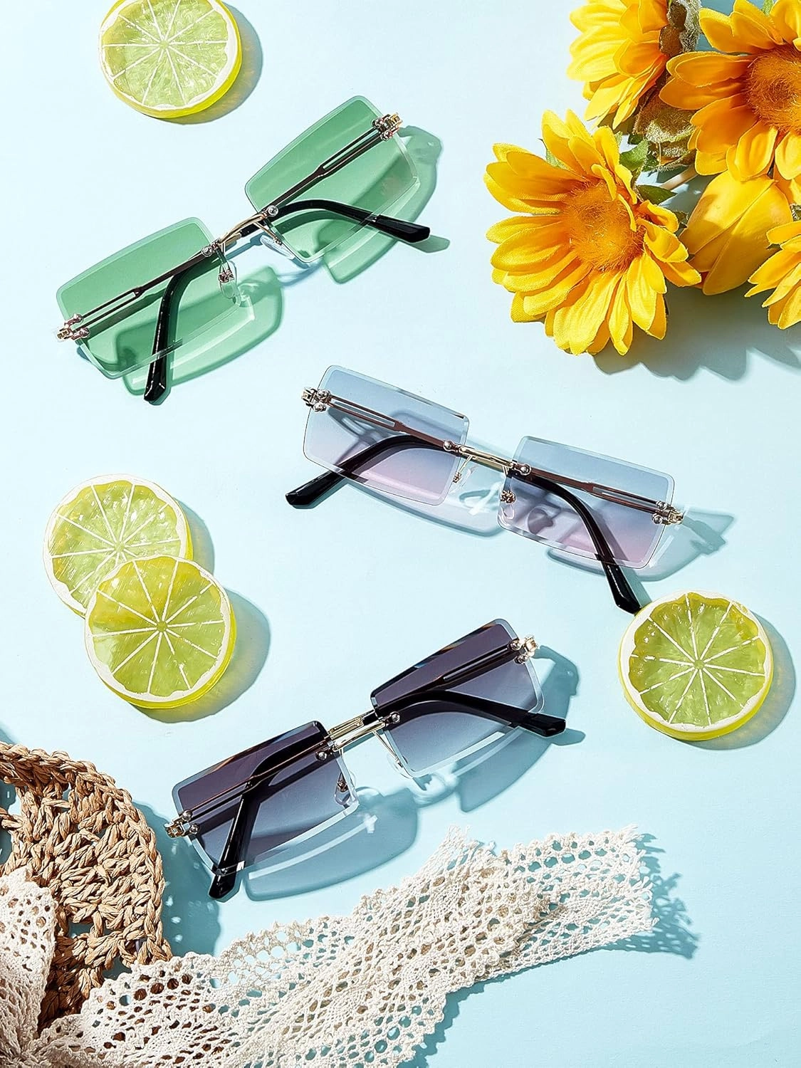 3 Pairs Rimless Rectangle Sunglasses Tinted Frameless Eyewear Vintage Transparent Rectangle Y2K Glasses for Women Men