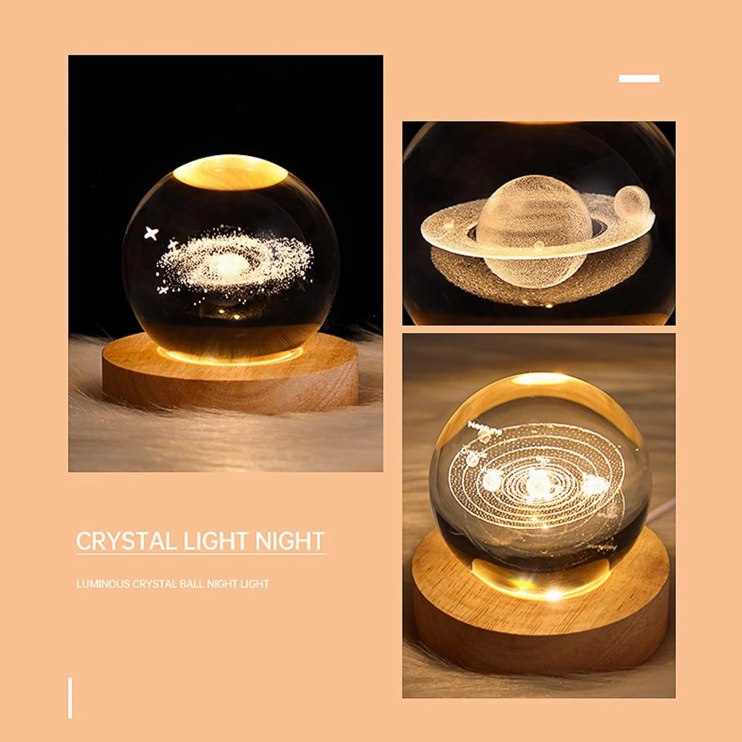 3D Galaxy Crystal Ball Night Light, LED Solar System Crystal Night Light with Wooden Base for Boys, Girls & Family (Saturn)