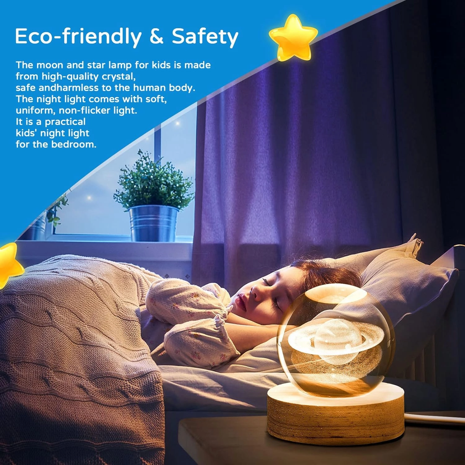 3D Galaxy Crystal Ball Night Light, LED Solar System Crystal Night Light with Wooden Base for Boys, Girls & Family (Saturn)