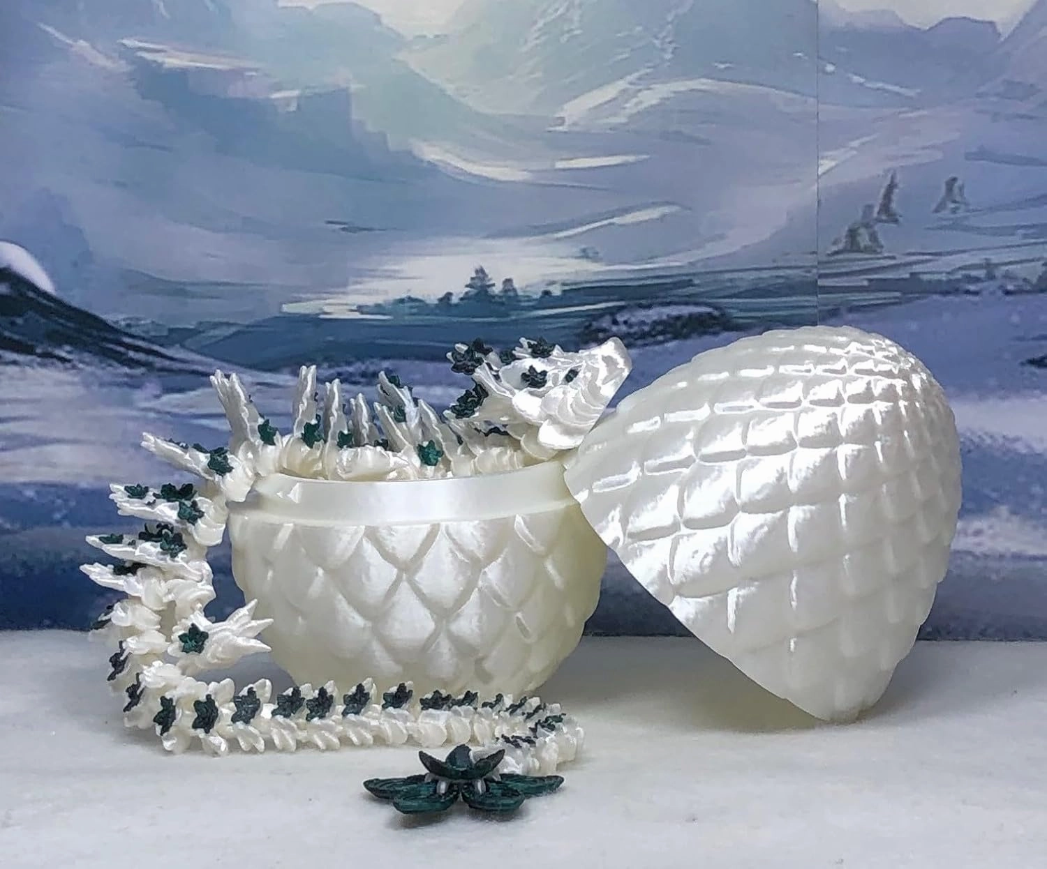 3D Printed Articulated Dragon With Egg - 12" Dual Color Cherry Blossom, Fidget ADHD Autism Sensory Toy, Executive Desk Toy D017 (White & Emerald Green)