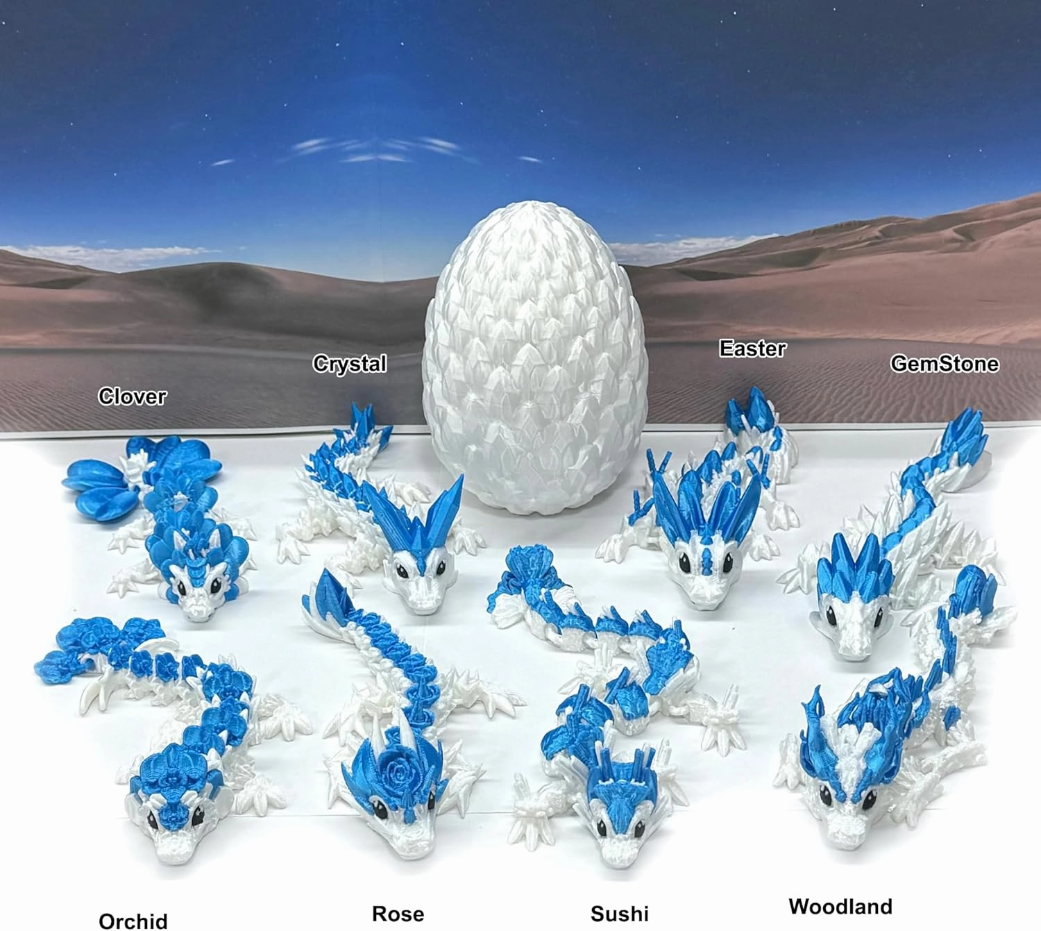 3D Printed Baby Dragon with Dragon Egg, Articulated Clover Crystal Easter Gemstone Orchid Rose Sushi Woodland Dragon White and Blue Dragon, Fidget Toy for Autism ADHD BD007WB (Rose Dragon)