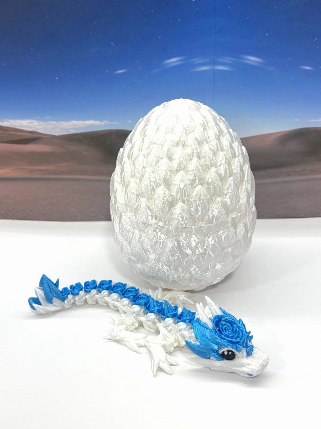 3D Printed Baby Dragon with Dragon Egg, Articulated Clover Crystal Easter Gemstone Orchid Rose Sushi Woodland Dragon White and Blue Dragon, Fidget Toy for Autism ADHD BD007WB (Rose Dragon)