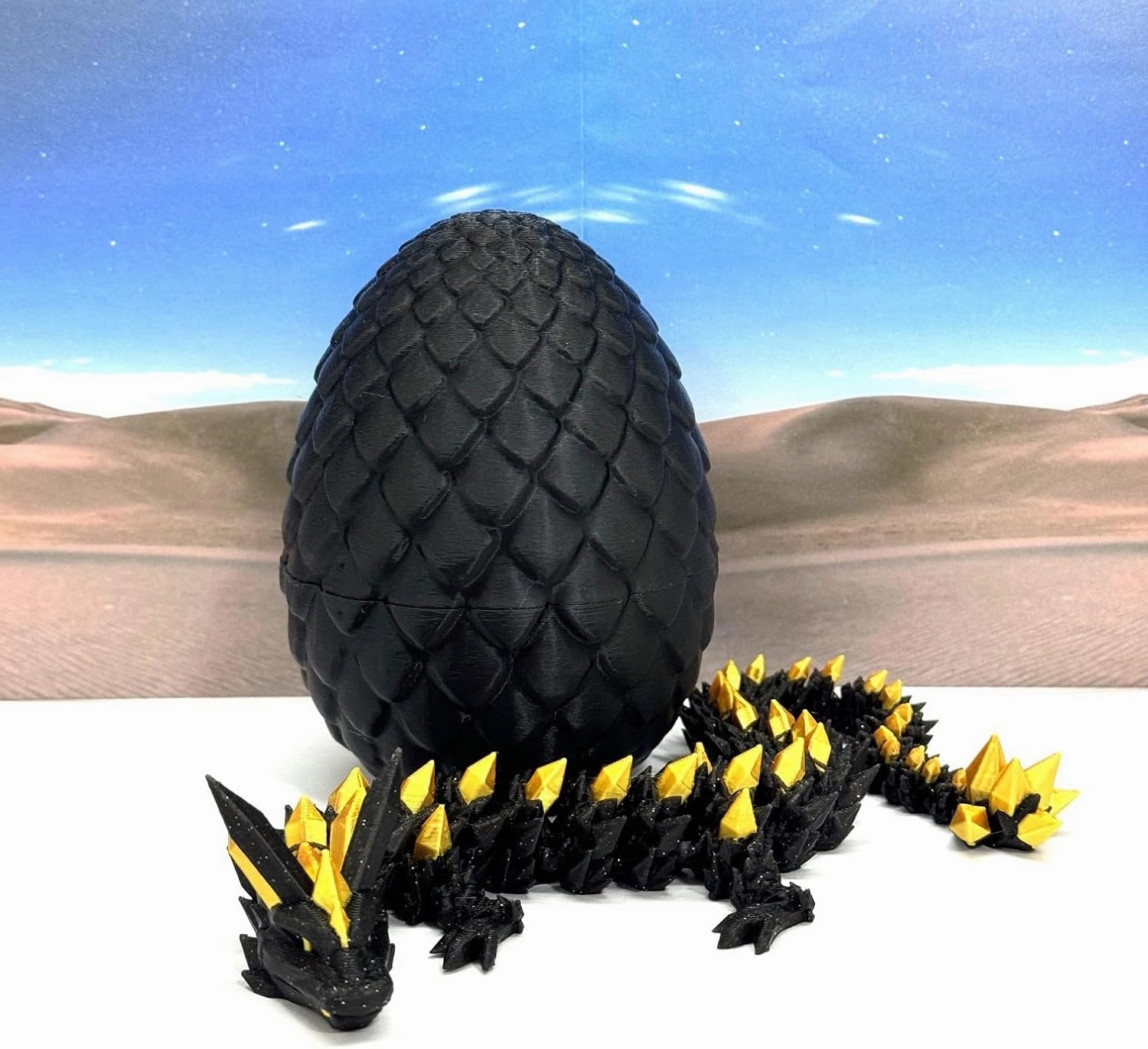 3D Printed Crystal Dragon with Dragon Egg, Articulated 12" Black and Gold, Fidget ADHD Autism Toy, Relief Anxiety D065