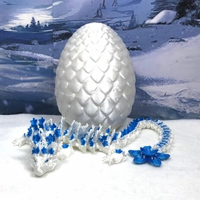 3D Printed Dragon with Dragon Egg, 12" Articulated White and Blue Cherry Blossom Dragon, Flexible Dragon, Fidget ADHD Autism Toy D017-WB