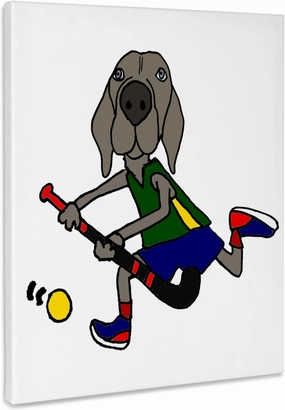 3dRose, Cute Funny Weimaraner Dog Playing Field Hockey Cartoon, Museum Grade Canvas Wrap 8x10