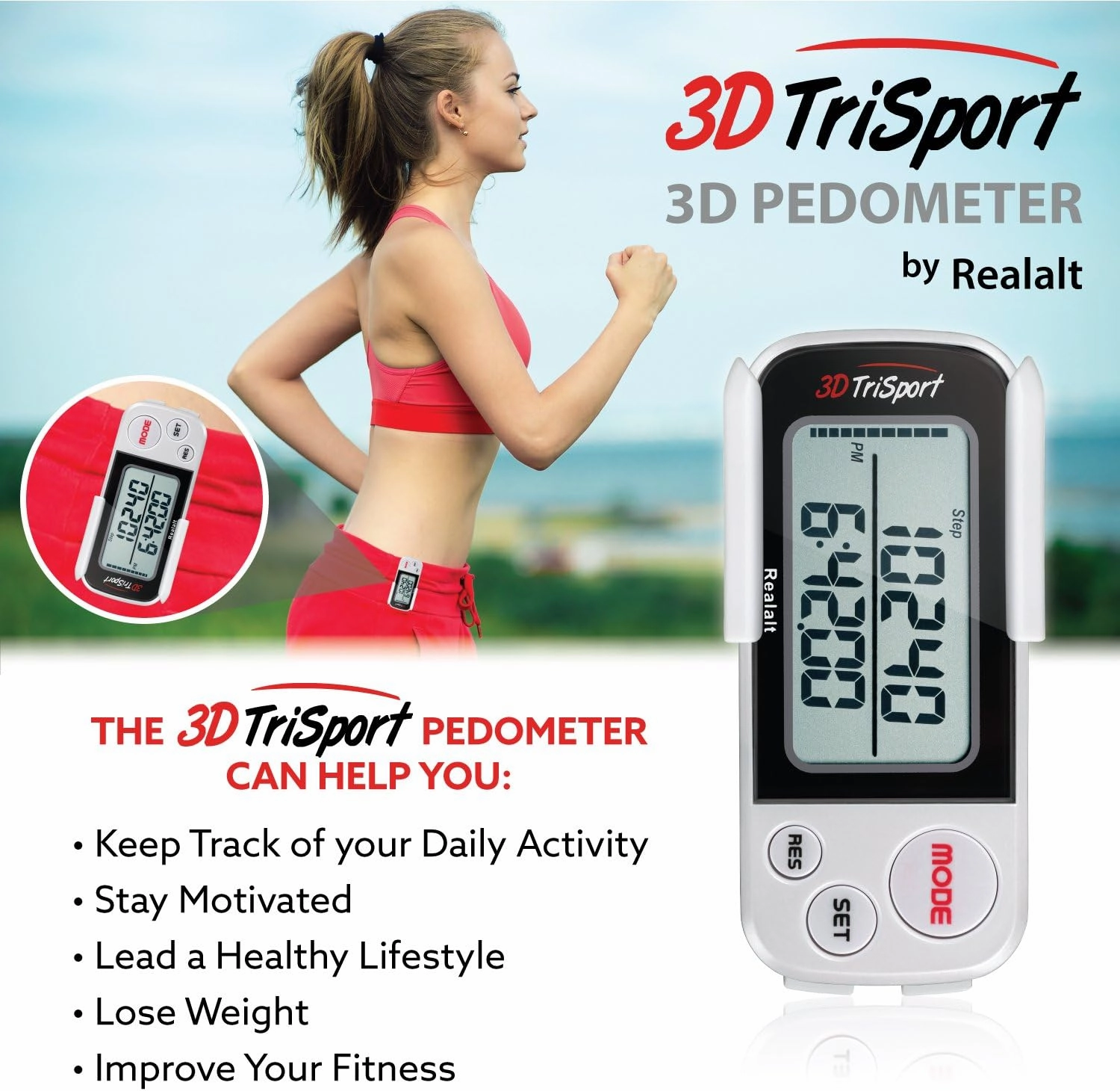 3DTriSport Walking 3D Pedometer with Clip and Strap, Free eBook | 30 Days Memory, Accurate Step Counter, Walking Distance Miles/Km, Calorie Counter