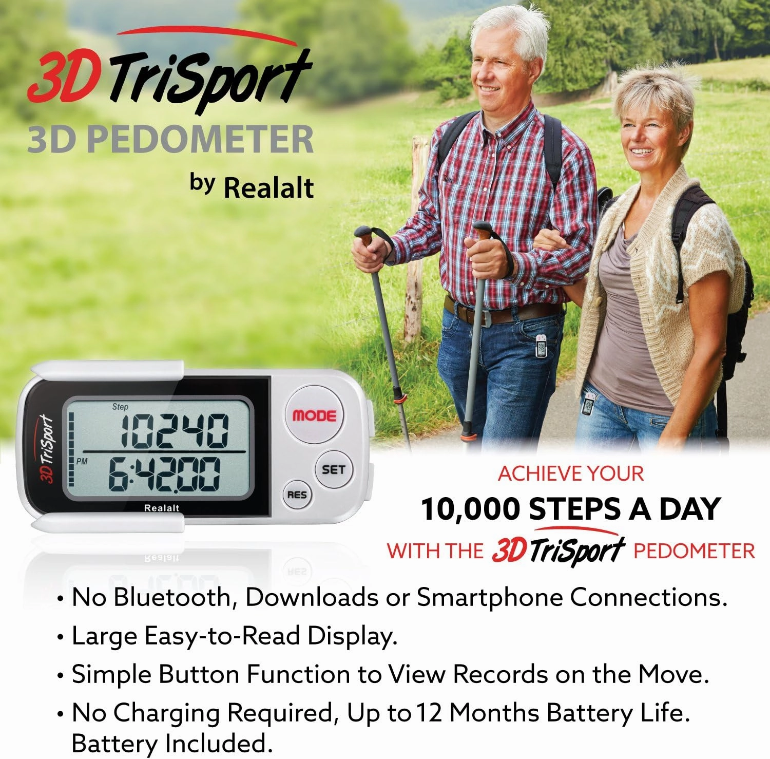 3DTriSport Walking 3D Pedometer with Clip and Strap, Free eBook | 30 Days Memory, Accurate Step Counter, Walking Distance Miles/Km, Calorie Counter
