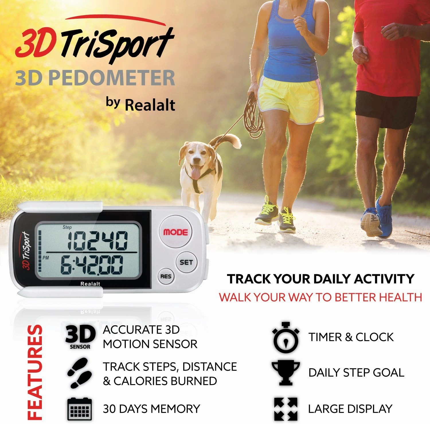 3DTriSport Walking 3D Pedometer with Clip and Strap, Free eBook | 30 Days Memory, Accurate Step Counter, Walking Distance Miles/Km, Calorie Counter