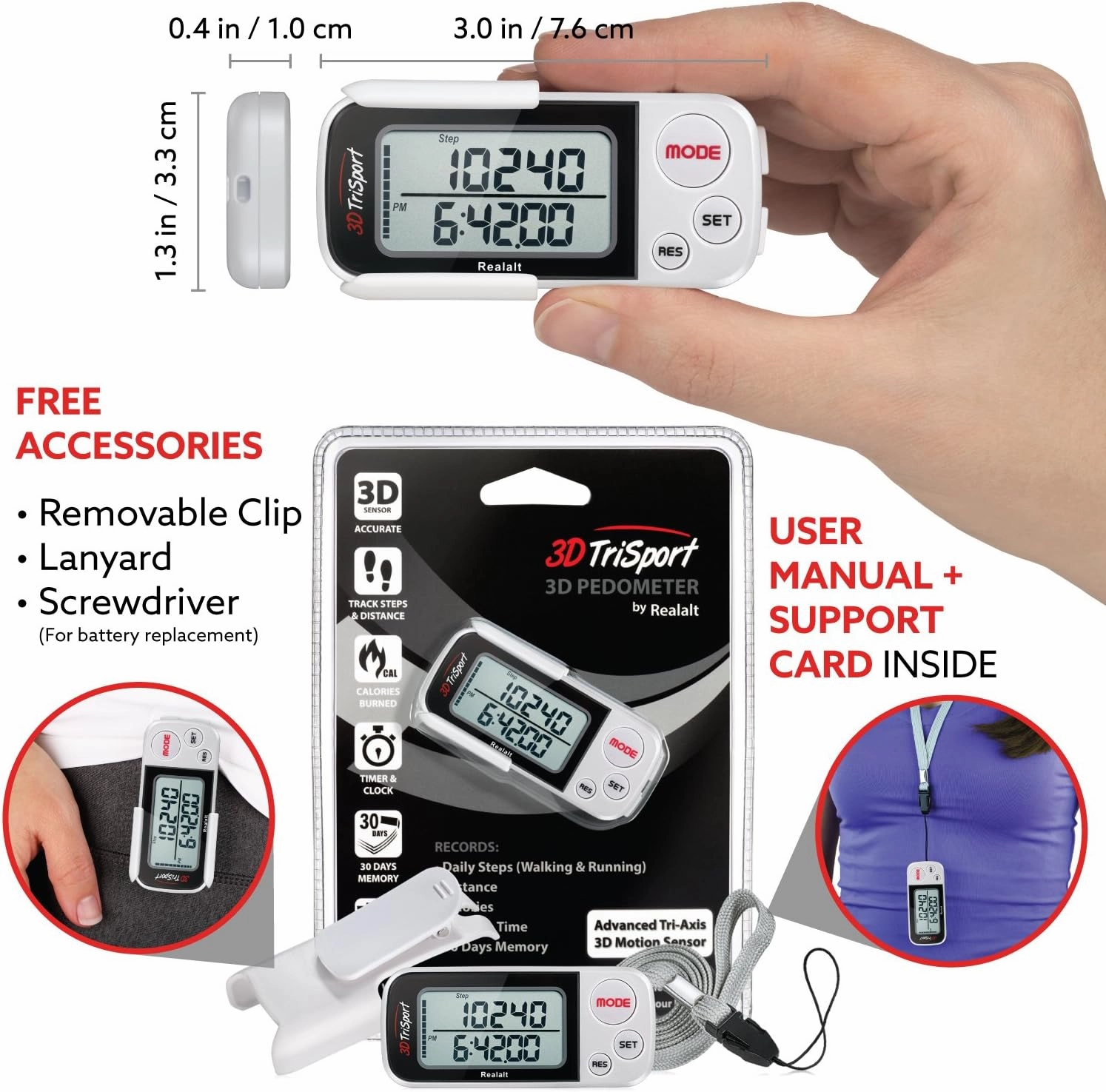 3DTriSport Walking 3D Pedometer with Clip and Strap, Free eBook | 30 Days Memory, Accurate Step Counter, Walking Distance Miles/Km, Calorie Counter