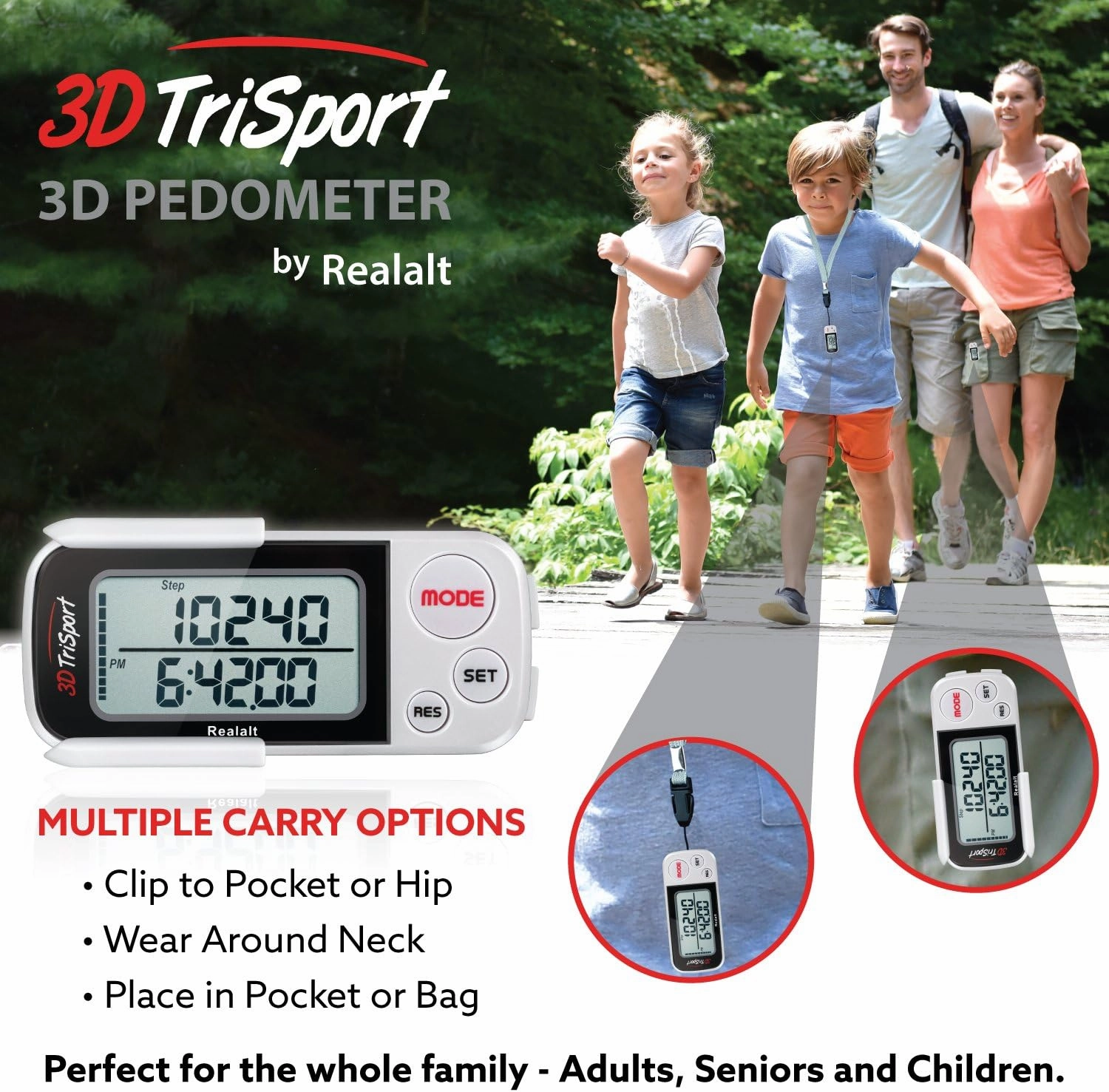 3DTriSport Walking 3D Pedometer with Clip and Strap, Free eBook | 30 Days Memory, Accurate Step Counter, Walking Distance Miles/Km, Calorie Counter