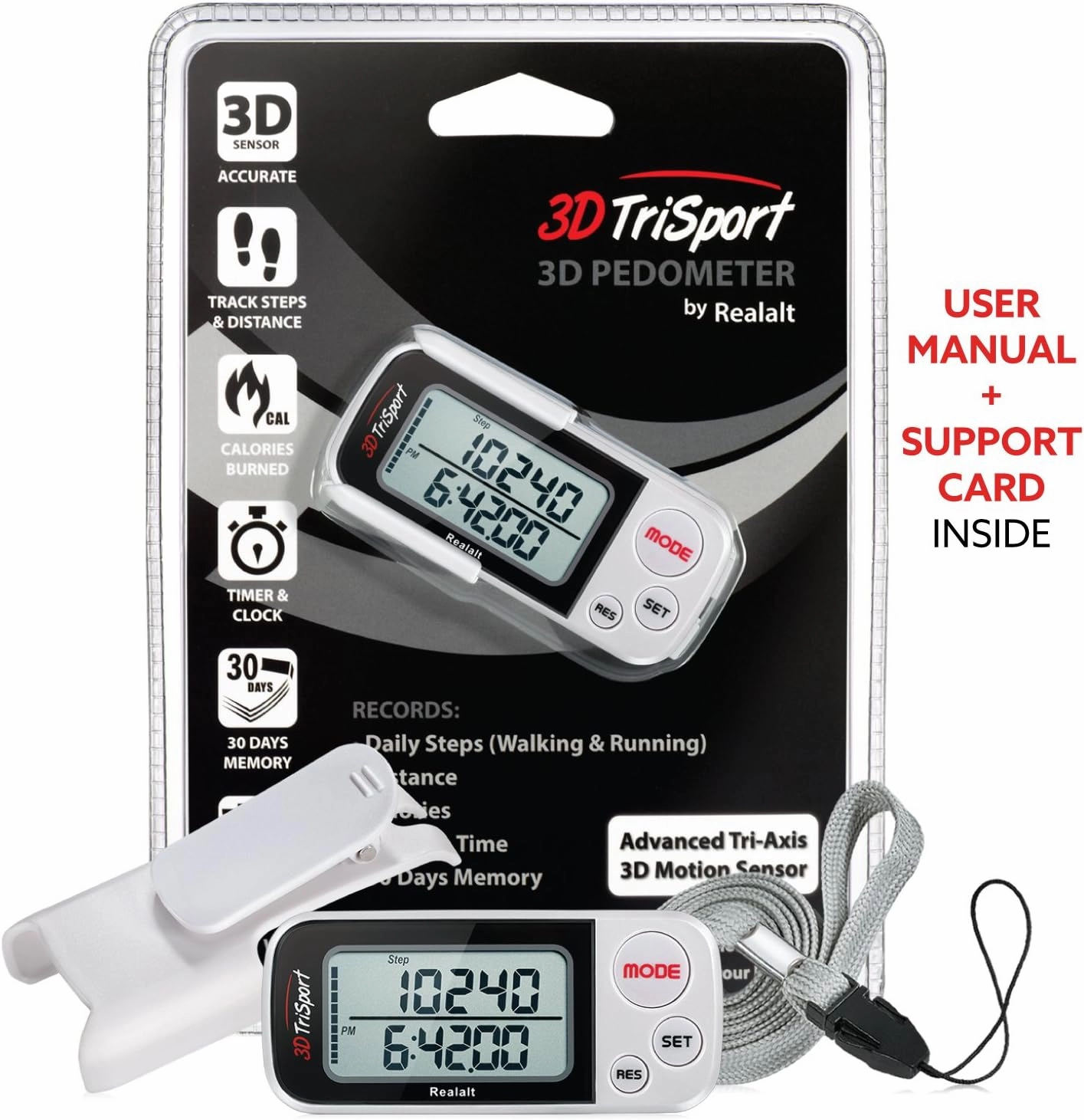 3DTriSport Walking 3D Pedometer with Clip and Strap, Free eBook | 30 Days Memory, Accurate Step Counter, Walking Distance Miles/Km, Calorie Counter