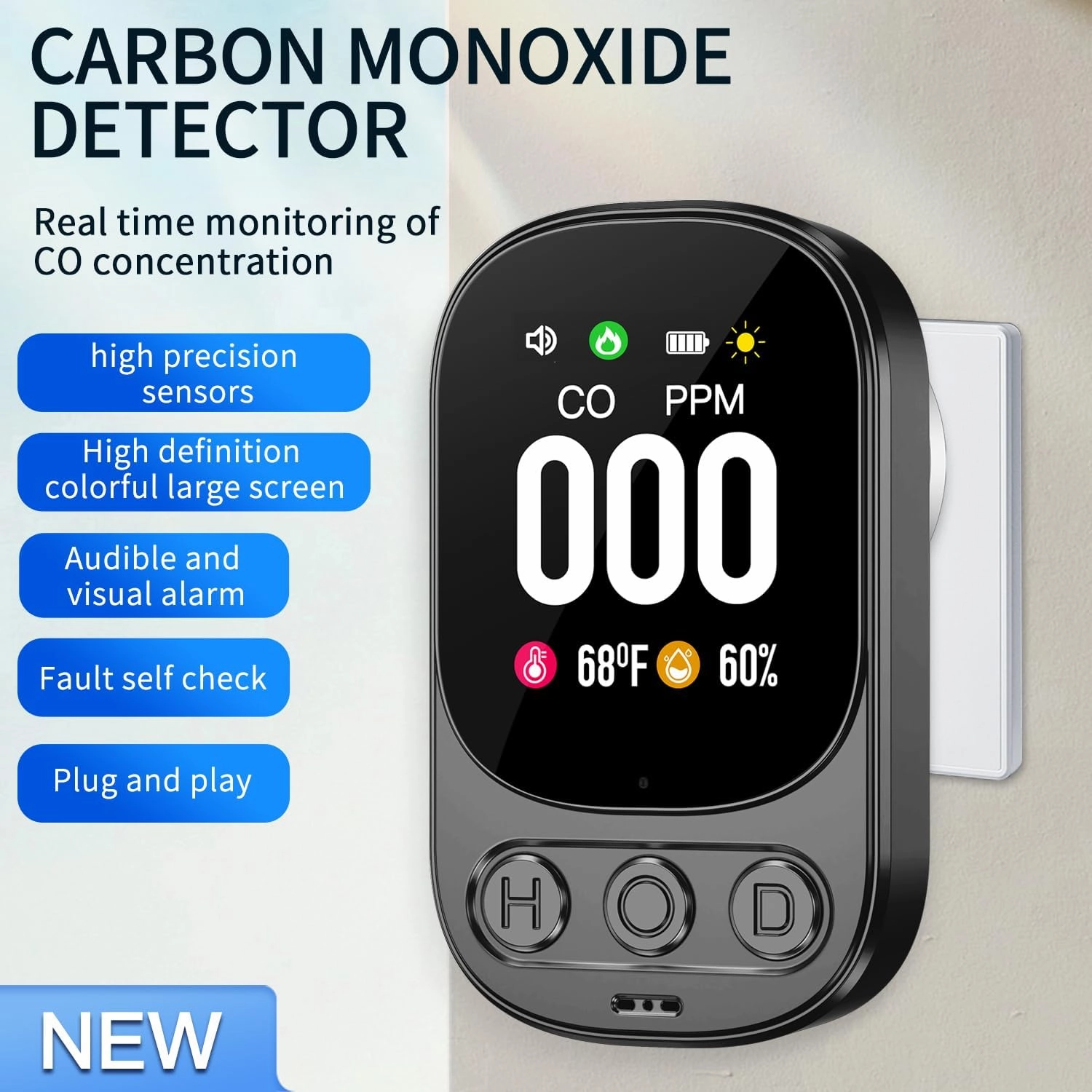 3in1 Plug in Carbon Monoxide Detectors Built-in Rechargeable Backup Battery Plug&Play CO Temp Humidity with 2.1'' HD Screen & Indicator 85dB Alarm for Home Hotel RV (1-Pack, Black)
