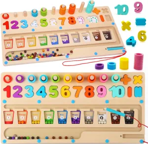 4 in 1 Wooden Montessori Toys Magnetic Color and Number Maze for Kids Toddler, Color Matching Learning Counting Puzzles Board Sorter Stacker Stacking Game Preschool Toys Education Math Blocks