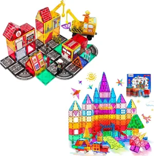 48PCS & 108PCS Magnetic Tiles Road Set with 2 Cranes & Double-Sided Magnet Tiles   2 Cars & Accessories