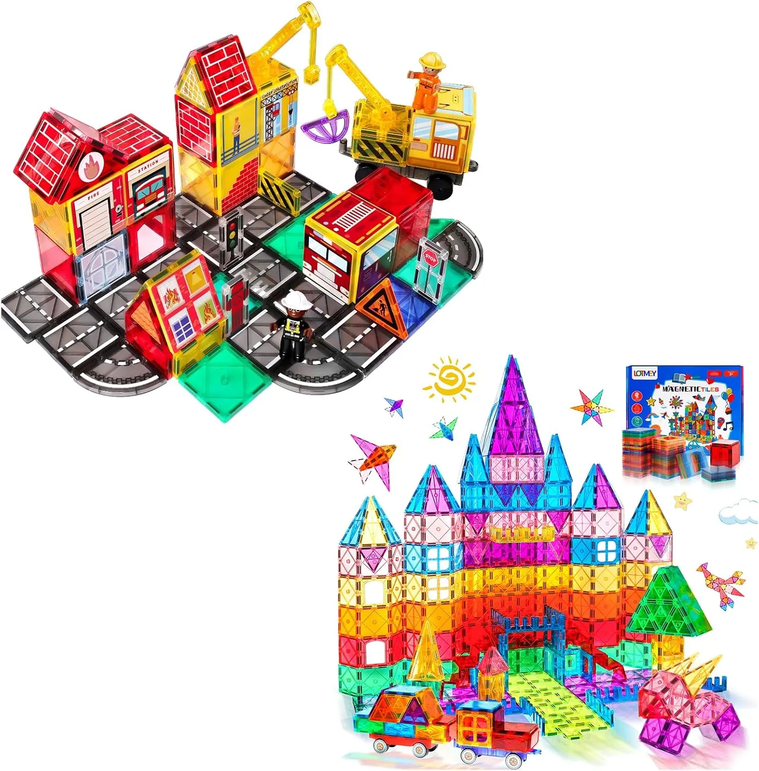 48PCS & 108PCS Magnetic Tiles Road Set with 2 Cranes & Double-Sided Magnet Tiles   2 Cars & Accessories