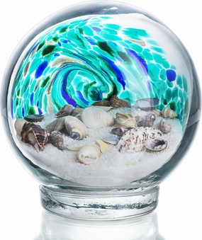 4'' Sea Globe Hand Blown Art Glass Decor Collectible Glass Decorative Balls with Natural Sea Shell and Sand, Lake Green
