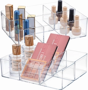 4 Pieces Acrylic Cube Organizer 3 Compartments Clear Acrylic Pencil Holder Makeup Brush Drawer Organizer for Desk, Office, Vanity and More
