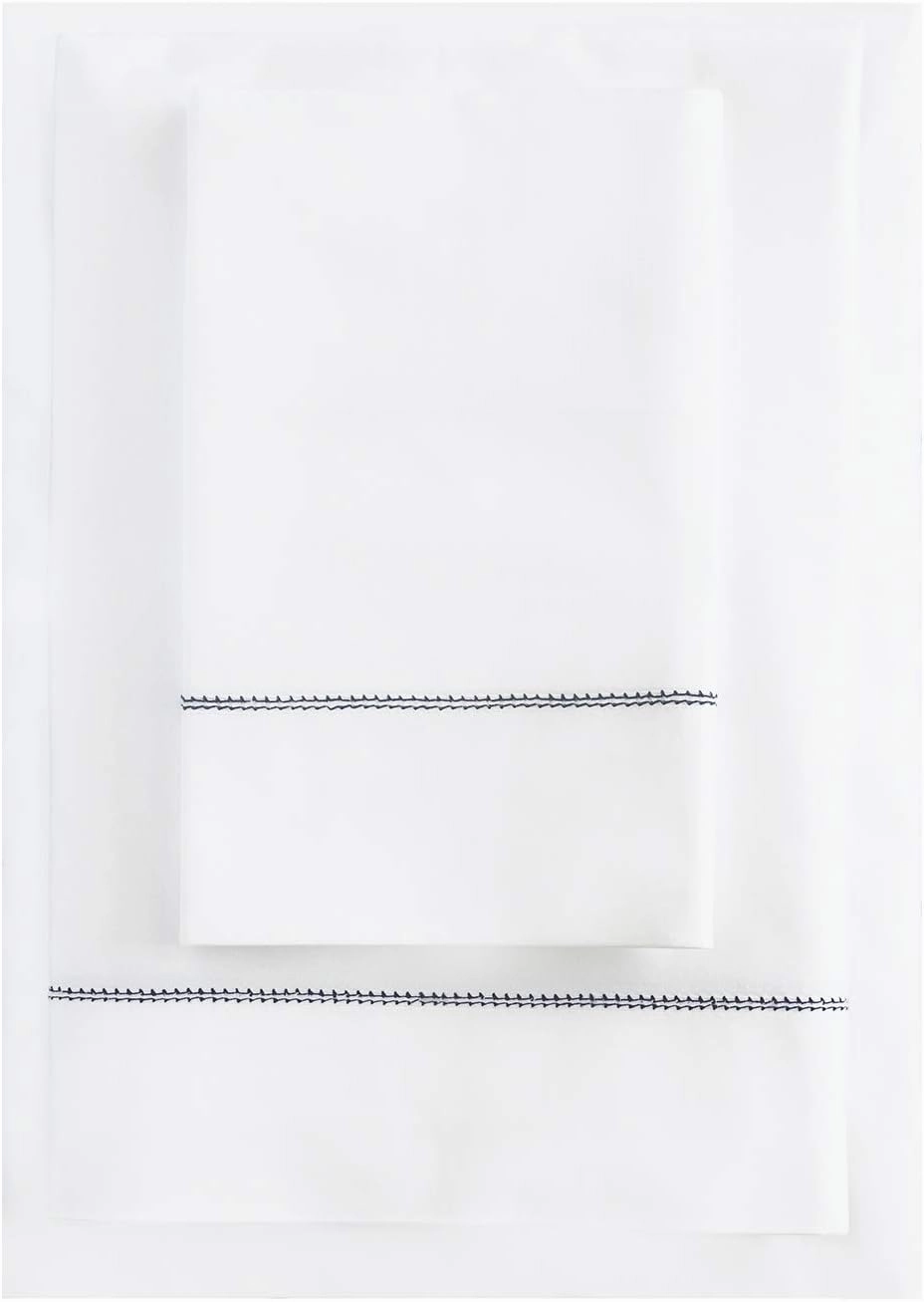 500TC White Cotton Percale Sheet Set with Navy Blue Hemstitch Trim Long Staple Italian Luxury - King