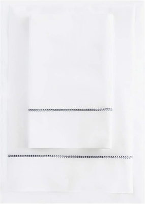 500TC White Cotton Percale Sheet Set with Navy Blue Hemstitch Trim Long Staple Italian Luxury - King