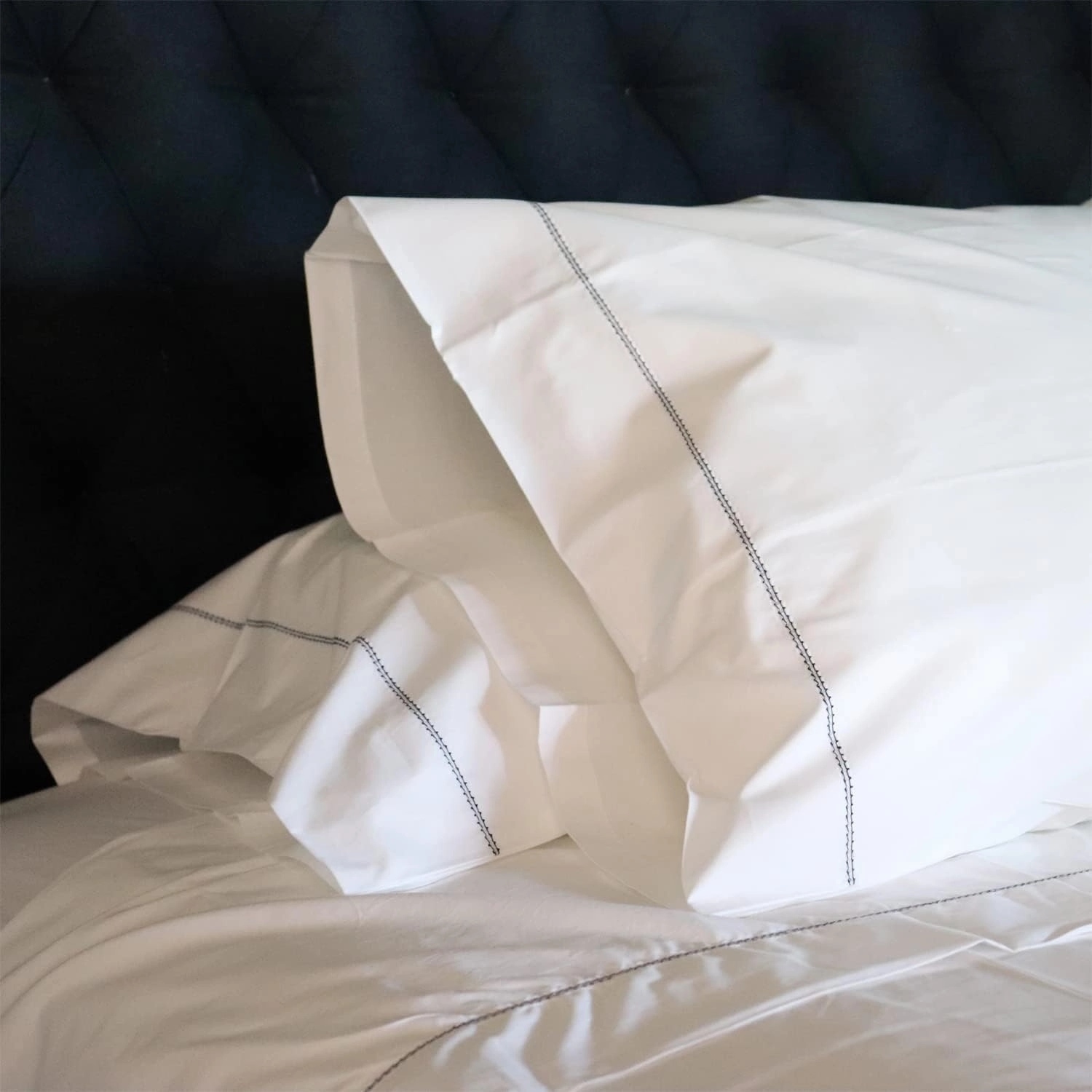 500TC White Cotton Percale Sheet Set with Navy Blue Hemstitch Trim Long Staple Italian Luxury - King