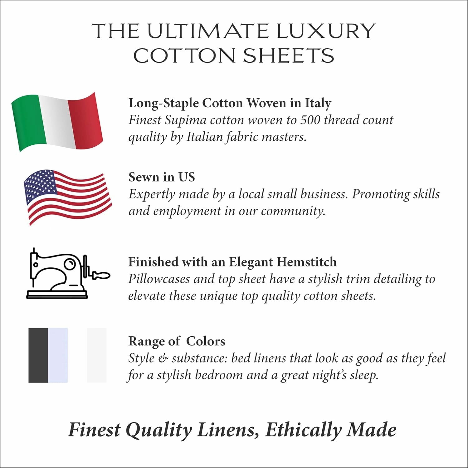 500TC White Cotton Percale Sheet Set with Navy Blue Hemstitch Trim Long Staple Italian Luxury - King