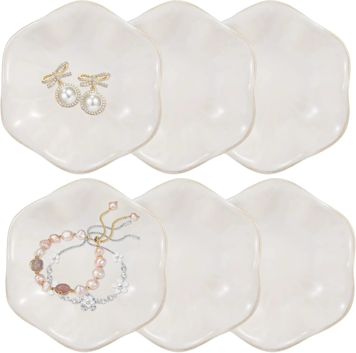 6 Pcs Ceramic Jewelry Dishes, Lotus Leaf Ring Dishes, Small Trinket Trays, White Pottery Plates, Gold-Trimmed Jewelry Holders, Cute Key Bowls for Nightstand Decor