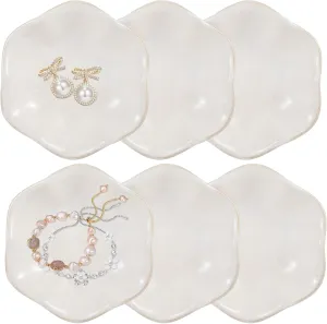 6 Pcs Ceramic Jewelry Dishes, Lotus Leaf Ring Dishes, Small Trinket Trays, White Pottery Plates, Gold-Trimmed Jewelry Holders, Cute Key Bowls for Nightstand Decor